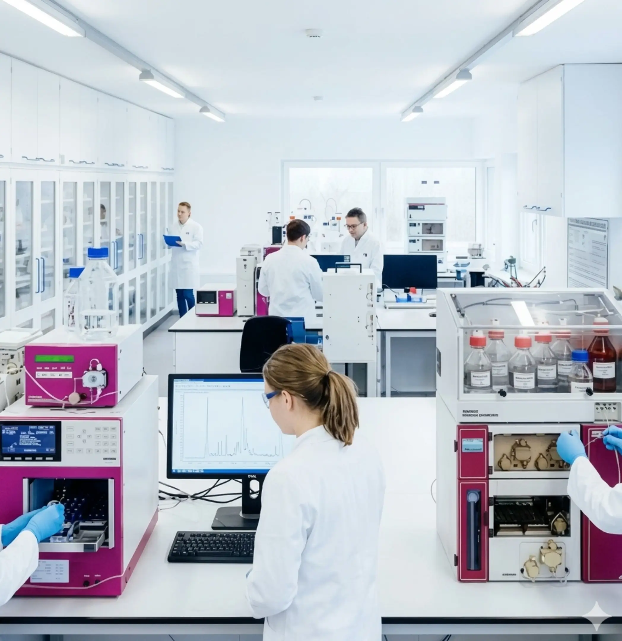 Laboratory team working with Sykam chromatography systems; analyst reviewing a chromatogram on screen