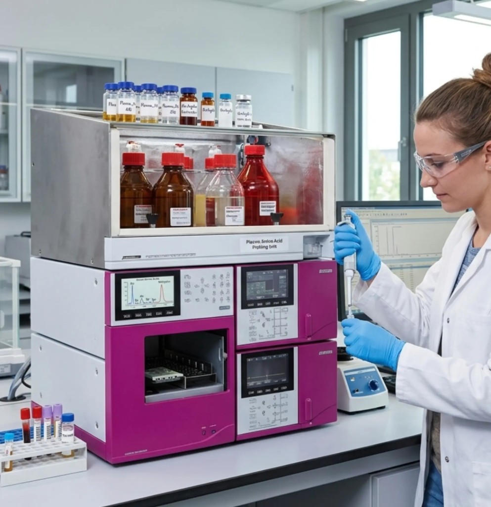 Clinical laboratory: scientist with Sykam plasma amino acid profiling system and sample analysis