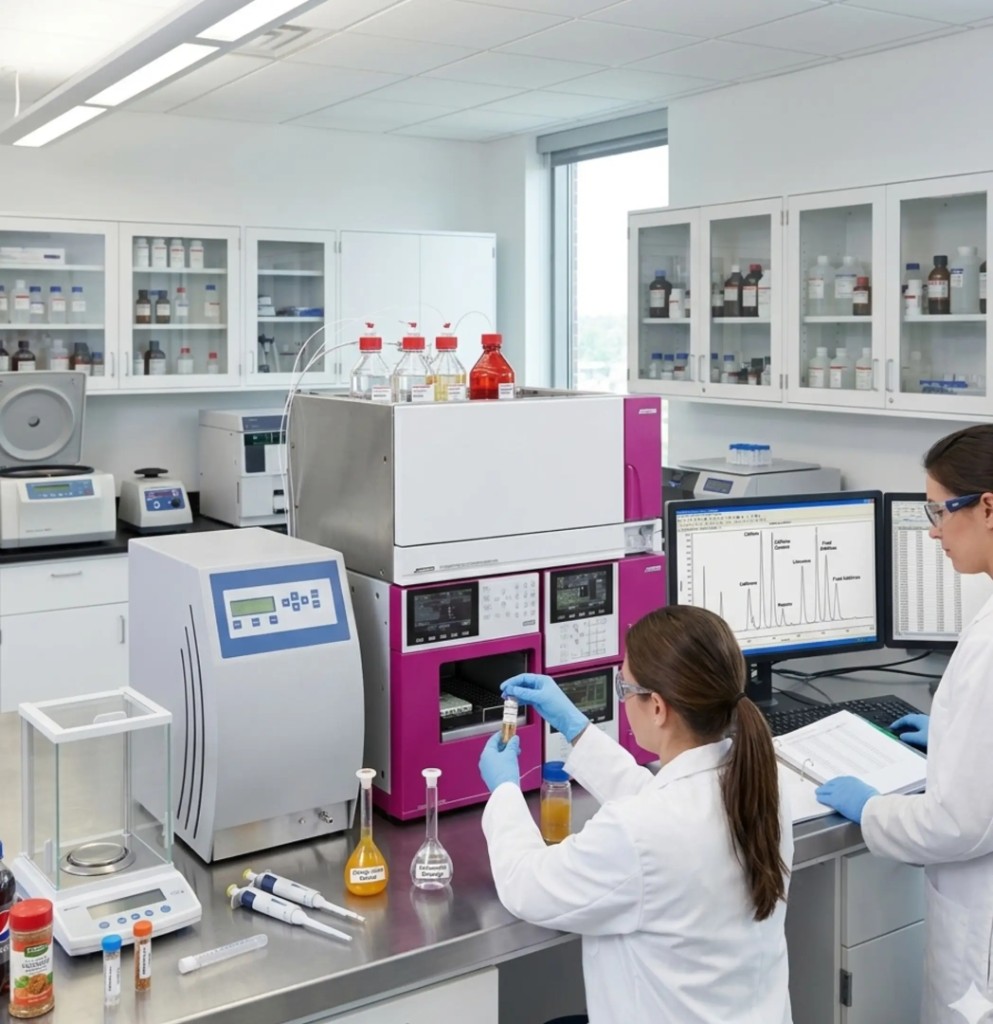 Food and beverage laboratory: scientists with Sykam HPLC and chromatography data for food quality analysis