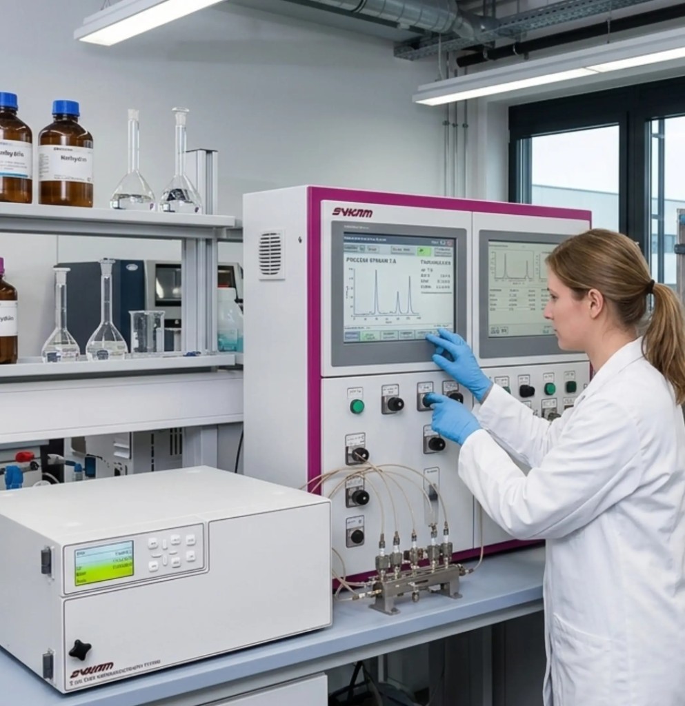 Operator using a Sykam industrial chromatography system with live chromatogram display for process monitoring