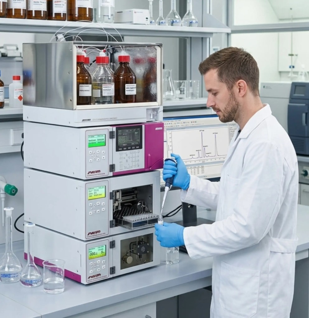 Scientist using a Sykam modular HPLC system for pharmaceutical analysis in a laboratory